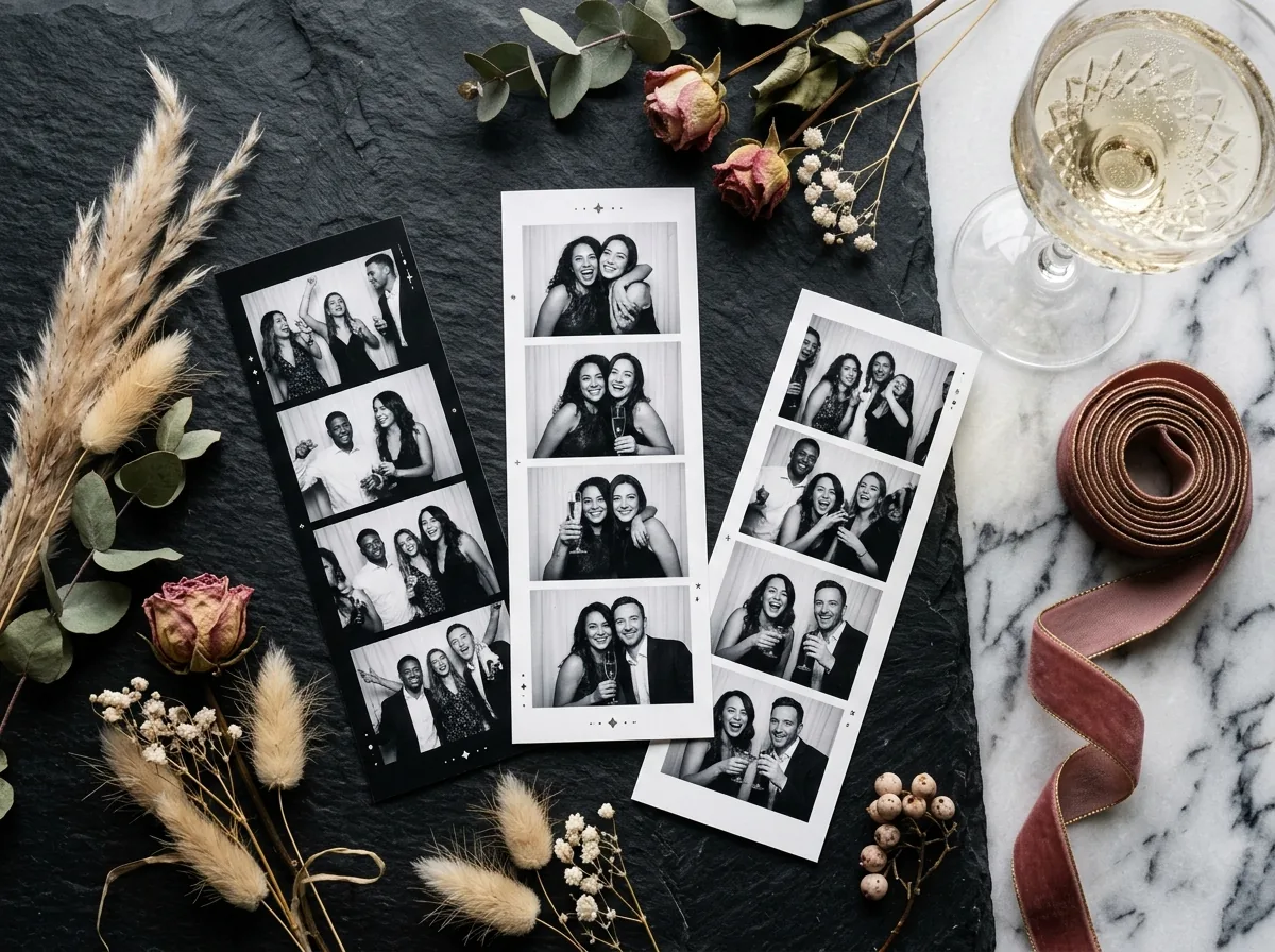 Luxe op maat gemaakte fotostrips met trouw- en feestdetails